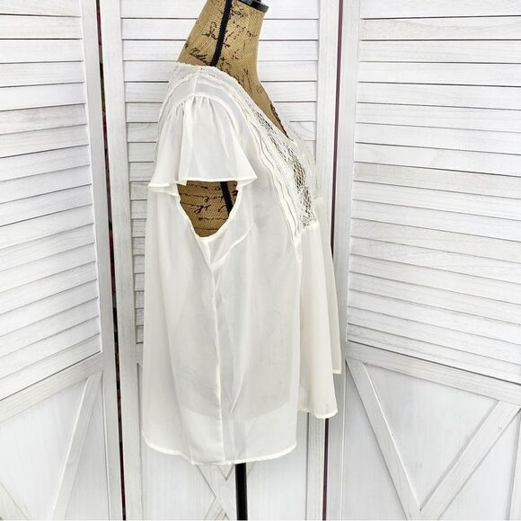 Truce Chiffon Lace Sheer Flutter Sleeve Blouse Cream Large - Picture 3 of 11
